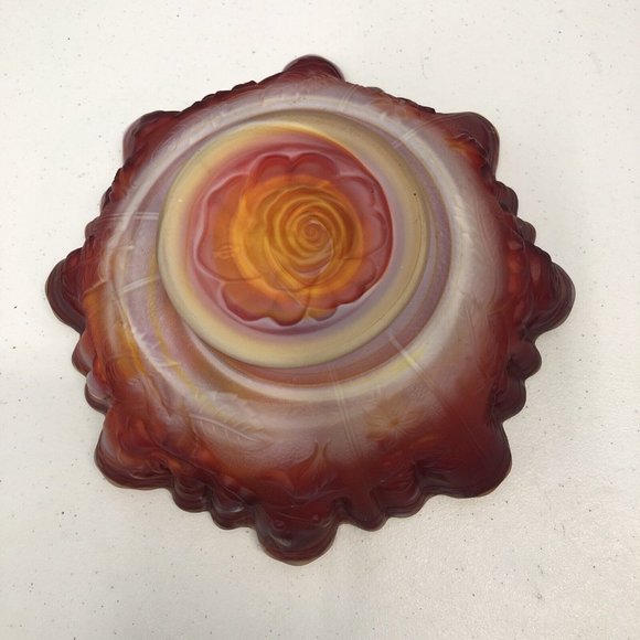 Vintage Red and White Slag Imperial Glass Open Rose Bowl Crimped Edge 9" wide - Picture 3 of 4